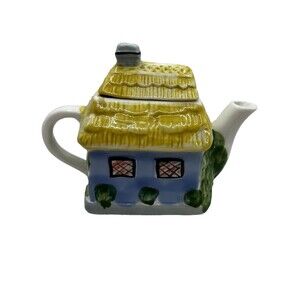 Teapot Ceramic Yellow & Blue Cottage Square House Hand Painted Houston Harvest